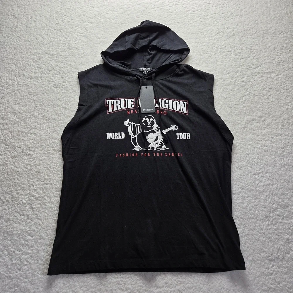 True Religion Shirt Mens Medium Black Buddha Tour Graphic Hooded Sleeveless Tee